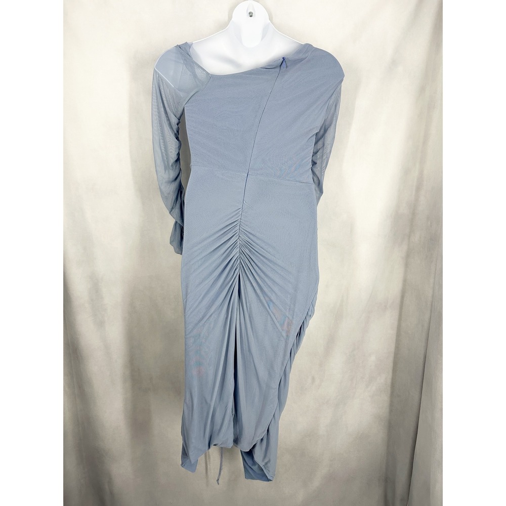 Club L London Maternity Blue Ruched Asymmetrical Mesh Midi Dress Size 10 Glam - Picture 5 of 9